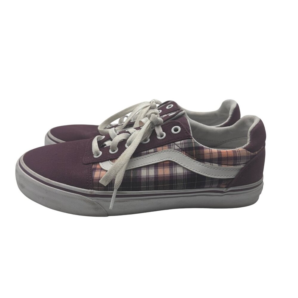 Vans Plaid Burgundy Canvas Old Skool Sneakers Lace Up White Accents Size 10